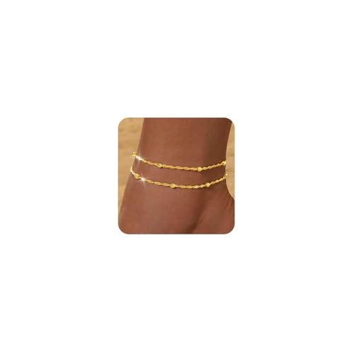 ZHESHY 2 Stück Fussketten Gold Silber für Damen 18k Gold Perlen Mehrreihige Fußkettchen mit Kreuz Herz CZ Plättchen Verstellbare Wasserfest Sommer Strand Schmuck Fußkette Set für Frauen und Mädchen von ZHESHY