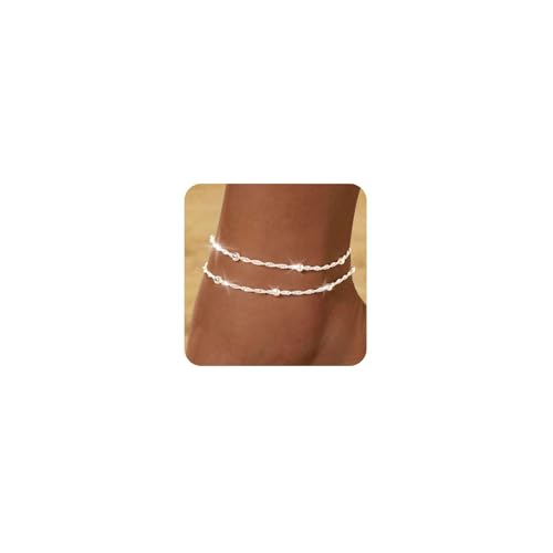 ZHESHY 2 Stück Fußkettchen Gold Silber 925 für Damen 18K Gold Perlen Mehrreihige Fussketten Für Frauen Mit Kreuz Herz CZ Plättchen Verstellbare Wasserfest Sommer Strand Schmuck Fußkette Set für Damen von ZHESHY
