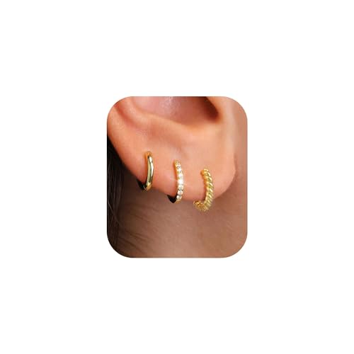 ZHESHY Gold Ohrringe Set Damen 3 Paar 14K Vergoldete Silber 925 Klein Creolen Ohrstecker Hängend Ohrringe mit Zirkonia Wasserfest Hypoallergen Goldene Stecker Mehrere Piercings Schmuck für Frauen von ZHESHY