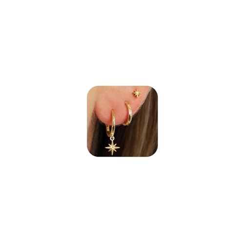 ZHESHY Gold Ohrringe Set Damen 3 Paar 14K Vergoldete Silber 925 Klein Creolen Ohrstecker Hängend Ohrringe mit Zirkonia Wasserfest Hypoallergen Goldene Stecker Mehrere Piercings Schmuck für Frauen von ZHESHY