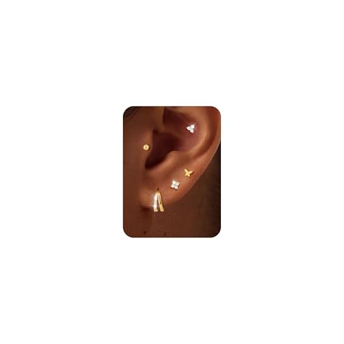 ZHESHY 5 Paar Ohrringe Silber 925 Set Damen 14k Vergoldet Kleine Helix Piercings Ohr Gold Ohrstecker Creolen Hypoallergen Stecker Schmetterling Zirkonia Conch Tragus Piercing Schmuck Mehrere Ohrlöcher von ZHESHY