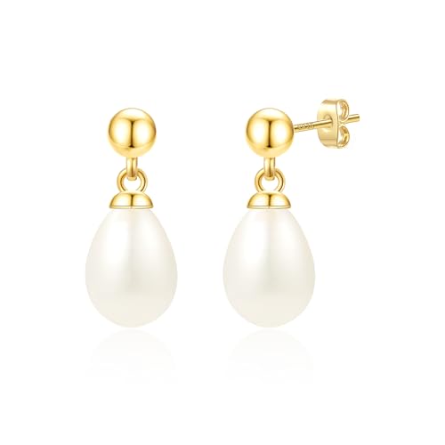 ZHESHY Perlen Ohrringe Silber 925 Stecker Damen Weiß Süßwasserperlen Gold Silber 8MM Ohrstecker Ohrringe mit Perle Creolen Perlenohrringe Hängend Hypoallergene Schmuck Frauen Mädchen Braut Geschenk von ZHESHY