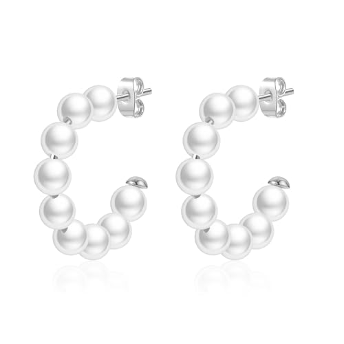 ZHESHY Perlen Ohrringe Silber 925 Stecker Damen Weiß Süßwasserperlen Gold Silber 8MM Ohrstecker Ohrringe mit Perle Creolen Perlenohrringe Hängend Hypoallergene Schmuck Frauen Mädchen Braut Geschenk von ZHESHY