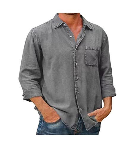 ZHIAN Hemd Einfarbig Business Casual Knopfhemden Jeanshemd Herren Langarm Freizeithemd Baumwolle Regular Fit (Color : Gray, Size : XXL) von ZHIAN