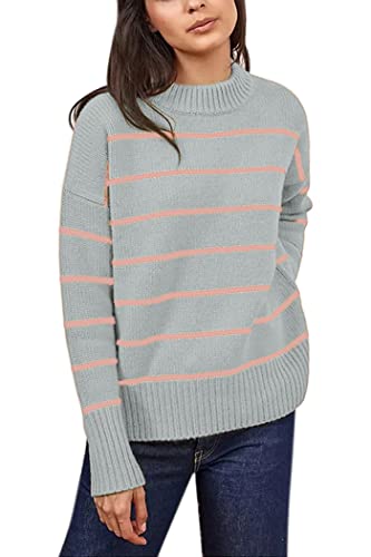 ZHILI Damen Pullover Casual Langarm Stehkragen Drop Schulter Tunika Gestreifter Pullover Strickpullover Tops, GRAU, Mittel von ZHILI