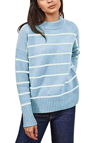 Damen Pullover Casual Langarm Mock Neck Drop Shoulder Tunika Gestreift Pullover Strickpullover Tops, Hell, blau, Groß von ZHILI