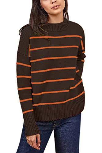 Damen Pullover Casual Langarm Stehkragen Drop Schulter Tunika Gestreifter Pullover Strickpullover Tops, Schokolade, XX-Large von ZHILI