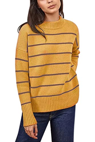 ZHILI Damen Pullover Casual Langarm Stehkragen Drop Schulter Tunika Gestreifter Pullover Strickpullover Tops, gelb, Mittel, K2D7005W_Medium_Yellow von ZHILI