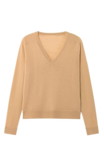 Damen-Pullover aus Merinowolle, lässig, leicht, V-Ausschnitt, Raglanärmel, Strick-Top, lockerer Pullover, camel, X-Groß von ZHILI