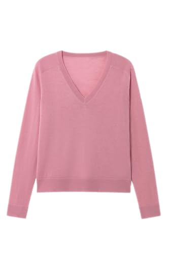 Damen-Pullover aus Merinowolle, lässig, leicht, V-Ausschnitt, Raglanärmel, Strick-Top, lockerer Pullover, Pink, Groß von ZHILI