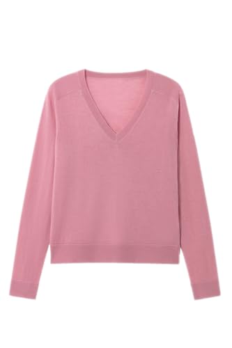 Damen-Pullover aus Merinowolle, lässig, leicht, V-Ausschnitt, Raglanärmel, Strick-Top, lockerer Pullover, Pink, Klein von ZHILI