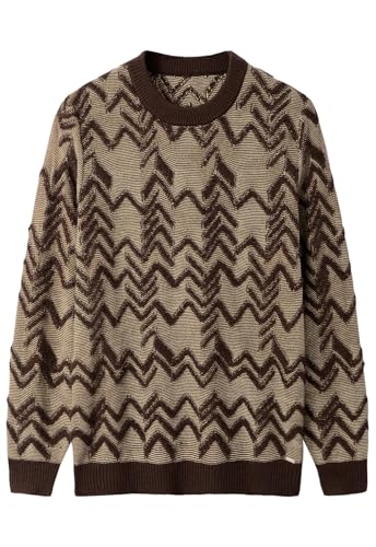 Herren Loose Fit Retro Pullover Langarm Pullover mit Rundhalsausschnitt_Brown_Groß von ZHILI