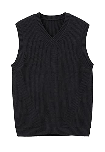 Men's V Neck Sleeveless Knitted Sweater Solid Color Loose Fit All Match Sweater Tops_Black_Small von ZHILI