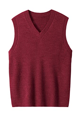 Men's V Neck Sleeveless Knitted Sweater Solid Color Loose Fit All Match Sweater Tops_Crimson_X-Large von ZHILI