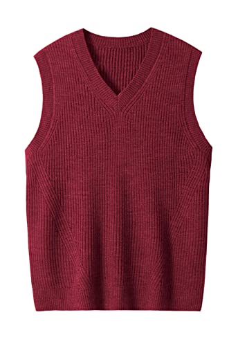 Men's V Neck Sleeveless Knitted Sweater Solid Color Loose Fit All Match Sweater Tops_Crimson_XXX-Large von ZHILI