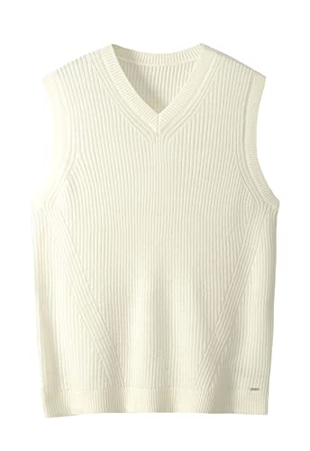 Men's V Neck Sleeveless Knitted Sweater Solid Color Loose Fit All Match Sweater Tops_White_X-Large von ZHILI