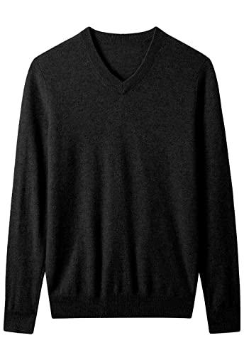 ZHILI Herren 100 Kaschmir Winter Langarm Bequem V-Ausschnitt Pullover Herren, Schwarz, Groß von ZHILI