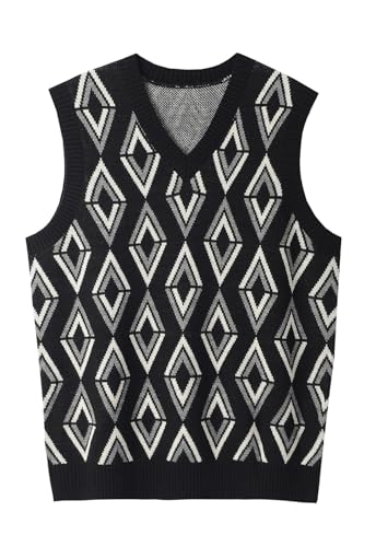 ZHILI Herren Argyle Gestrickt Ärmellos Pullover Wollmischung V-Ausschnitt Strickwesten_Black1_XX-Large von ZHILI