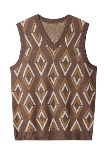 ZHILI Herren Argyle Gestrickt Ärmellos Pullover Wollmischung V-Ausschnitt Strickwesten_Brown_Medium von ZHILI