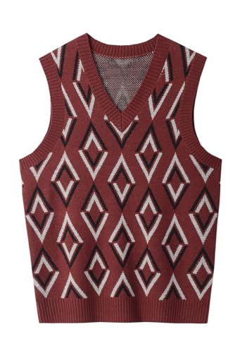 ZHILI Herren Argyle Gestrickt Ärmellos Pullover Wollmischung V-Ausschnitt Strickwesten_Crimson1_X-Large von ZHILI