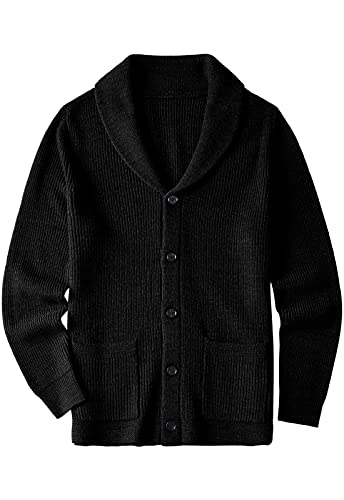 ZHILI Herren Cardigan Schal Kragen Wired Solid Pattern Knopf Vordertasche_Schwarz_4XL von ZHILI