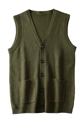 ZHILI Herren Strickweste Ärmellos mit Wolle | Pillingfrei & Atmungsaktiv | V-Ausschnitt Cardigan für Business/Alltag_Olive_X-Large von ZHILI