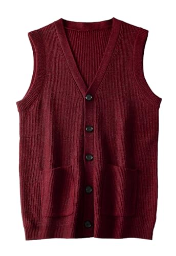 ZHILI Herren Strickweste Ärmellos mit Wolle | Pillingfrei & Atmungsaktiv | V-Ausschnitt Cardigan für Business/Alltag_Wine Red_XXXX-Large von ZHILI