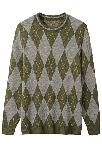 ZHILI Herren Retro Argyle-Pullover Langarm Lose Rundhalsausschnitt Pullover Sweater_Olive_Groß von ZHILI