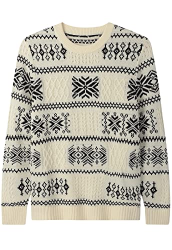 ZHILI Herren Retro Argyle Sweater Loose Crewneck Pullover Langarm, Weiss/opulenter Garten, Mittel, K2D945A_White_Medium von ZHILI