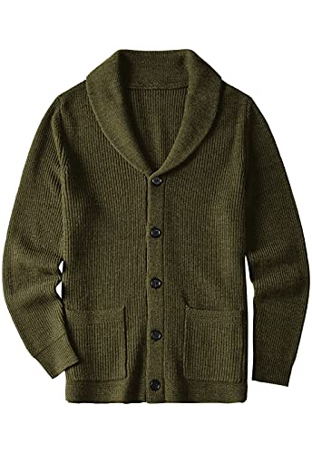 ZHILI Herren Cardigan Schal Kragen Wired Solid Pattern Knopf Vordertasche_Olive_3XL von ZHILI