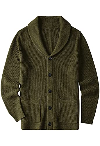 ZHILI Herren Cardigan Schal Kragen Wired Solid Pattern Knopf Vordertasche_Olive_3XL von ZHILI