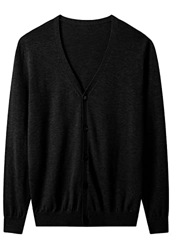 ZHILI Herren V-Ausschnitt Cardigan Pullover Casual Leicht Button Down Strickjacke Pullover, Schwarz, Groß von ZHILI