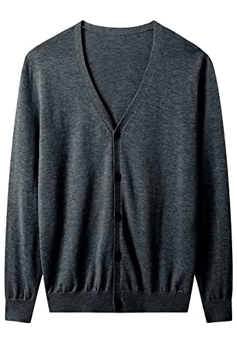 ZHILI Herren-Strickjacke, V-Ausschnitt, lässig, leicht, Knopfleiste, Strickjacke, Pullover, grau dunkel, Mittel von ZHILI