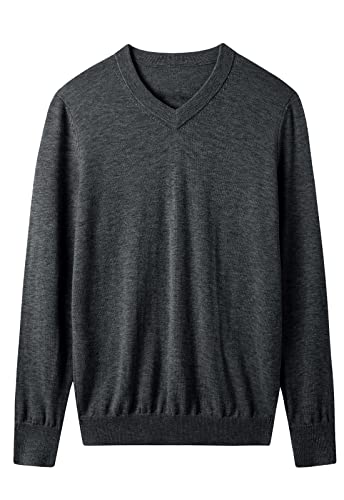 ZHILI Herren V-Ausschnitt Pullover Herbst Warme Merinowolle Gestrickte Feste Pullover Pullover_Dunkel Grau_Mittel von ZHILI