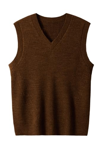 ZHILI Herren V-Ausschnitt ärmelloser Strickpullover einfarbig Herren Fit Top_Chocolate_Medium von ZHILI