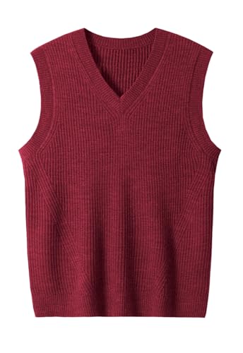 ZHILI Herren V-Ausschnitt ärmelloser Strickpullover einfarbig Herren Fit Top_Crimson_Medium von ZHILI