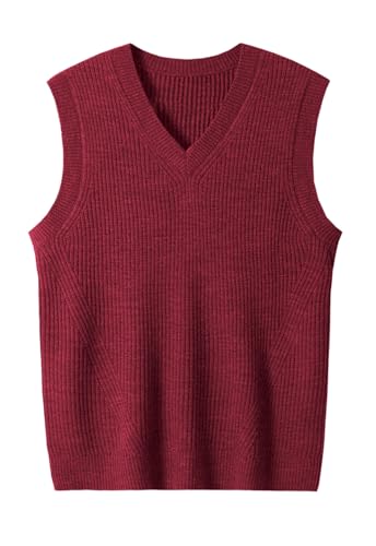 ZHILI Herren Pullunder Strickweste aus Wolle, Ärmellose Männer Weste mit V-Ausschnitt, Handgestrickt, Bequem und Langlebig_Crimson_XX-Large von ZHILI