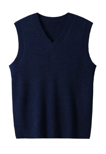 ZHILI Herren Pullunder Strickweste aus Wolle, Ärmellose Männer Weste mit V-Ausschnitt, Handgestrickt, Bequem und Langlebig_Dark Blue_Medium von ZHILI