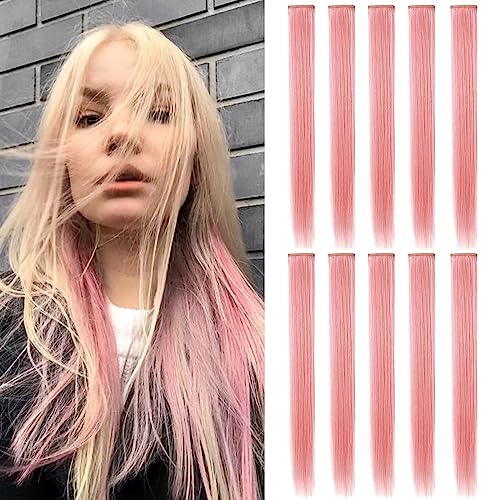 ZHIRXIN 9 Stück Farbige Clip in Haarverlängerungen Party Highlights Synthetische Perückenstück, Haarteile Haarschmuck für Frauen (Rauchrosa) von ZHIRXIN