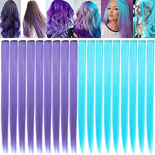 ZHIRXIN Bunte Erweiterungen, Farbige Haarverlängerungen Party Highlights Synthetische Haarteile für Mädchen und Jugendliche 12 Stück(Lavendel & Himmelblau) von ZHIRXIN