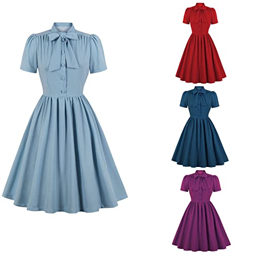 Partykleid Rockabilly Kleider Damen 50er Jahre Vintage Rollkragenschleife Kurzarm Swing A-Linien Knielang Coctailkleid Festlich Hochzeit Abendkleid von ZHISHIMEIM