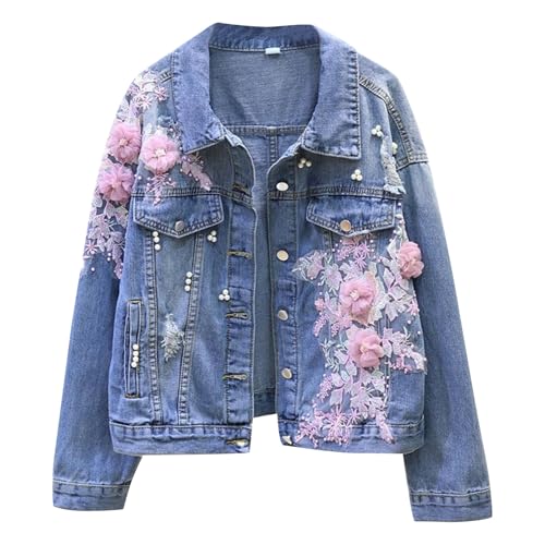ZHISHIMEIM Jeans Jacke Damen Leichte Kurz Jeansjacke Jeansmantel mit Gotischer Perlenstickerei und Dreidimensionalen Blumen Übergangsjacke Frühling 2025 New von ZHISHIMEIM