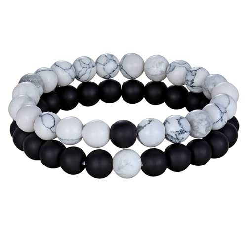 ZHITENG 2 Stück/Set Paare Distanzarmbänder Naturstein Armreif für Männer Frauen Stretch elastischer Schmuck (Howlith Weiß) von ZHITENG
