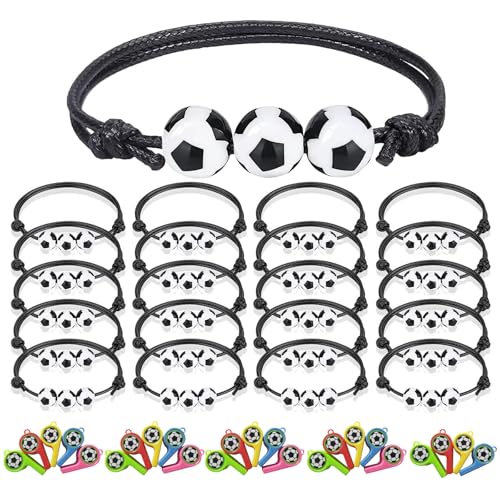 ZHITENG 20 Stück Fussball Geschenke Jungen und 24 Stück Trillerpfeife, Fußball Armband Verstellbares Trillerpfeife Kinder, Armband Kinder Trillerpfeifen für Sport Fußballgeburtstag Party von ZHITENG