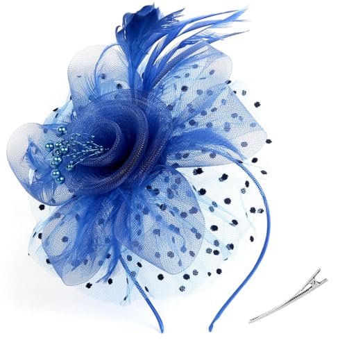 ZHITENG Fascinator Damen, Fascinators Hut für Damen Haarschmuck aus Mesh Federn Schleier Mesh Stirnband Kopfschmuck mit Perle Federn Blumen, für Teeparty Kopfschmuck Cocktail Schleier Party (Blau) von ZHITENG