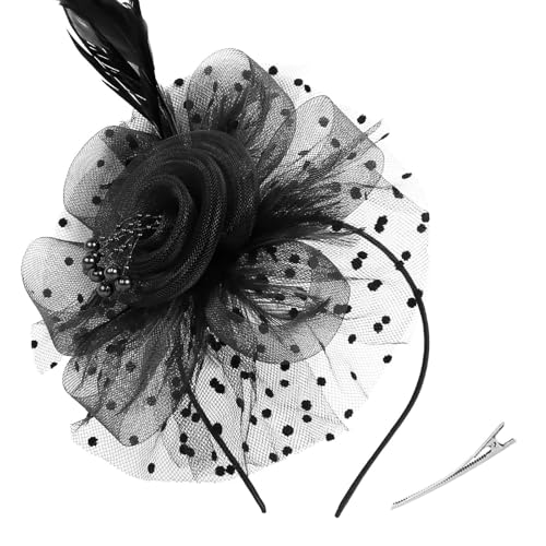 ZHITENG Fascinator Damen, Fascinators Hut für Damen Haarschmuck aus Mesh Federn Schleier Mesh Stirnband Kopfschmuck mit Perle Federn Blumen, für Teeparty Kopfschmuck Cocktail Schleier Party (Schwarz) von ZHITENG