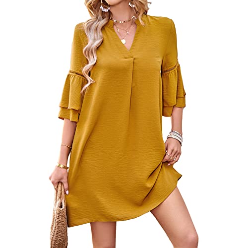 ZHIYUEE Damen Sommer Kleid V-Ausschnitt Blusekleid Elegant Tunika Sommerkleid Locker Freizeitkleider Kurz Kleider Casual Strandkleid mit Halbärmeln (as3, Alpha, l, Regular, Regular, Gelb) von ZHIYUEE