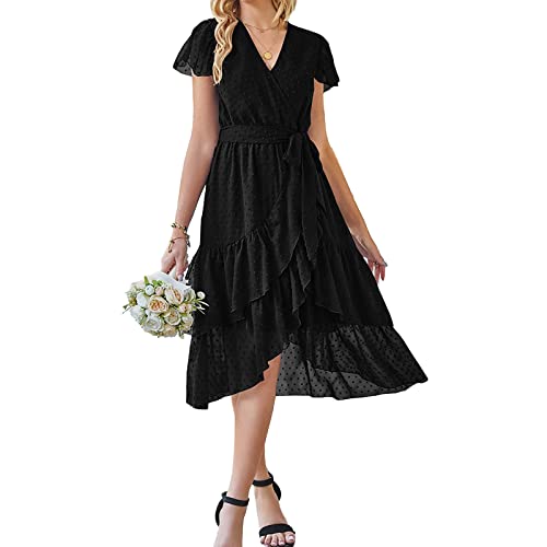 ZHIYUEE Damen Sommerkleid Chiffon Kleid Elegant V-Ausschnitt Kleider Abend Cocktailkleid Partykleid Abendkleid Rüschen Strandkleid Kleid mit Gürtel (as3, Alpha, l, Regular, Regular, Schwarz) von ZHIYUEE