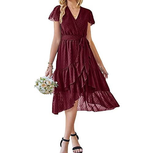 ZHIYUEE Damen Sommerkleid Chiffon Kleid Elegant V-Ausschnitt Kleider Abend Cocktailkleid Partykleid Abendkleid Rüschen Strandkleid Kleid mit Gürtel (as3, Alpha, m, Regular, Regular, Rot) von ZHIYUEE