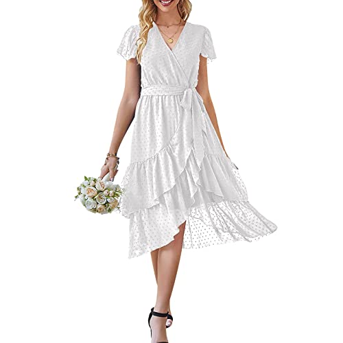 ZHIYUEE Damen Sommerkleid Chiffon Kleid Elegant V-Ausschnitt Kleider Abend Cocktailkleid Partykleid Abendkleid Rüschen Strandkleid Kleid mit Gürtel (as3, Alpha, x_l, Regular, Regular, Weiß) von ZHIYUEE